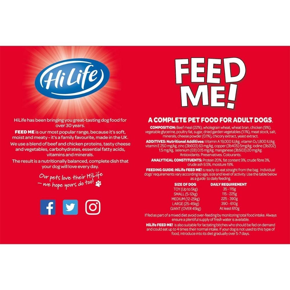 Hi Life Feed Me! Complete Moist Dog Food With Beef Cheese & Veg 6kg Carry Pack